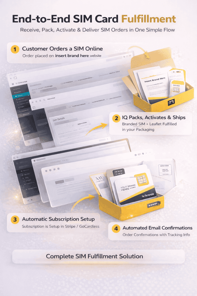 End-to-end SIM card fulfillment process showing order, pack, activate and deliver flow