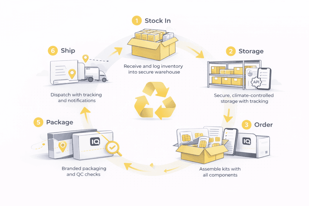 Fulfilment process flow diagram showing stock in, warehouse, kitting, packaging and shipping steps
