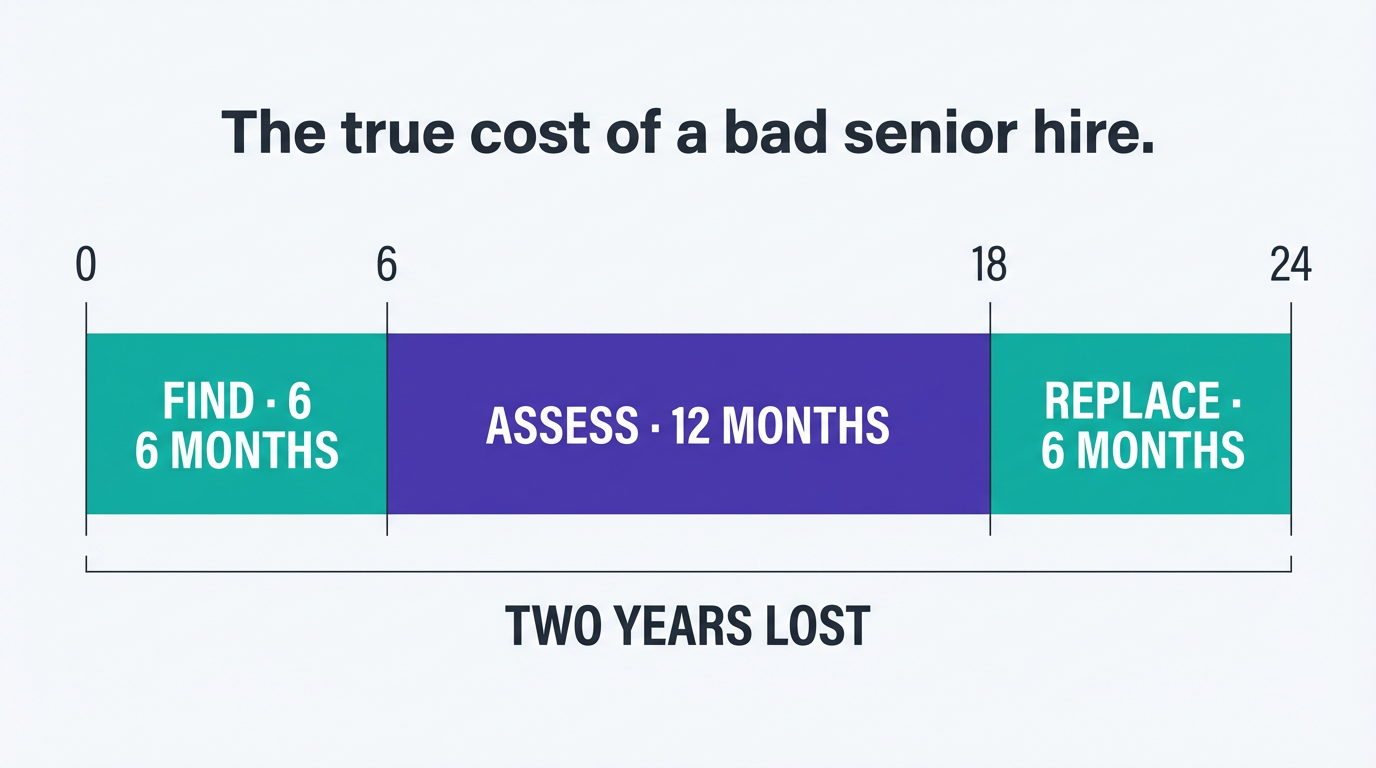 Infographic timeline showing three phases: six months to find, twelve months to assess, six months to replace — totalling two years lost