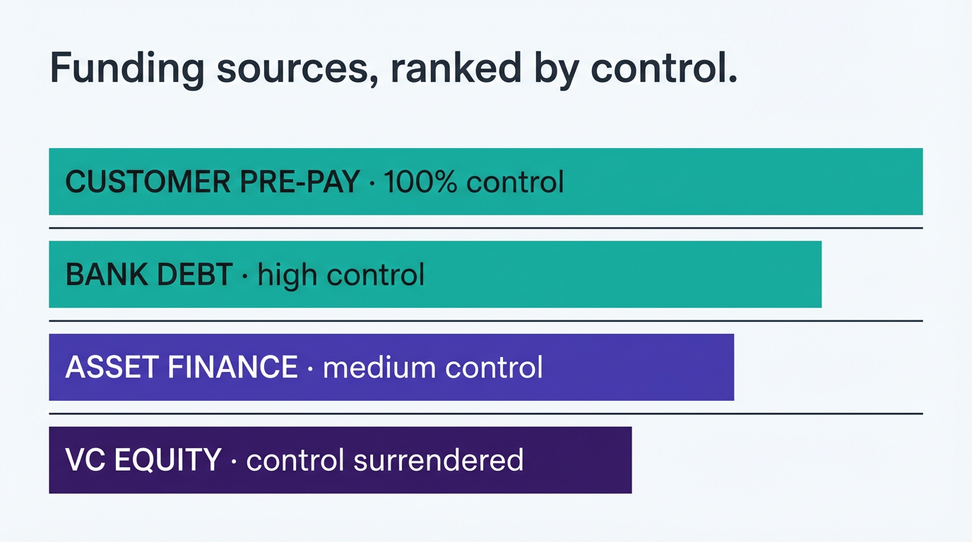Infographic stacking four funding sources ranked by founder control retained: customer pre-pay at the top, then bank debt, asset finance, VC equity at the bottom
