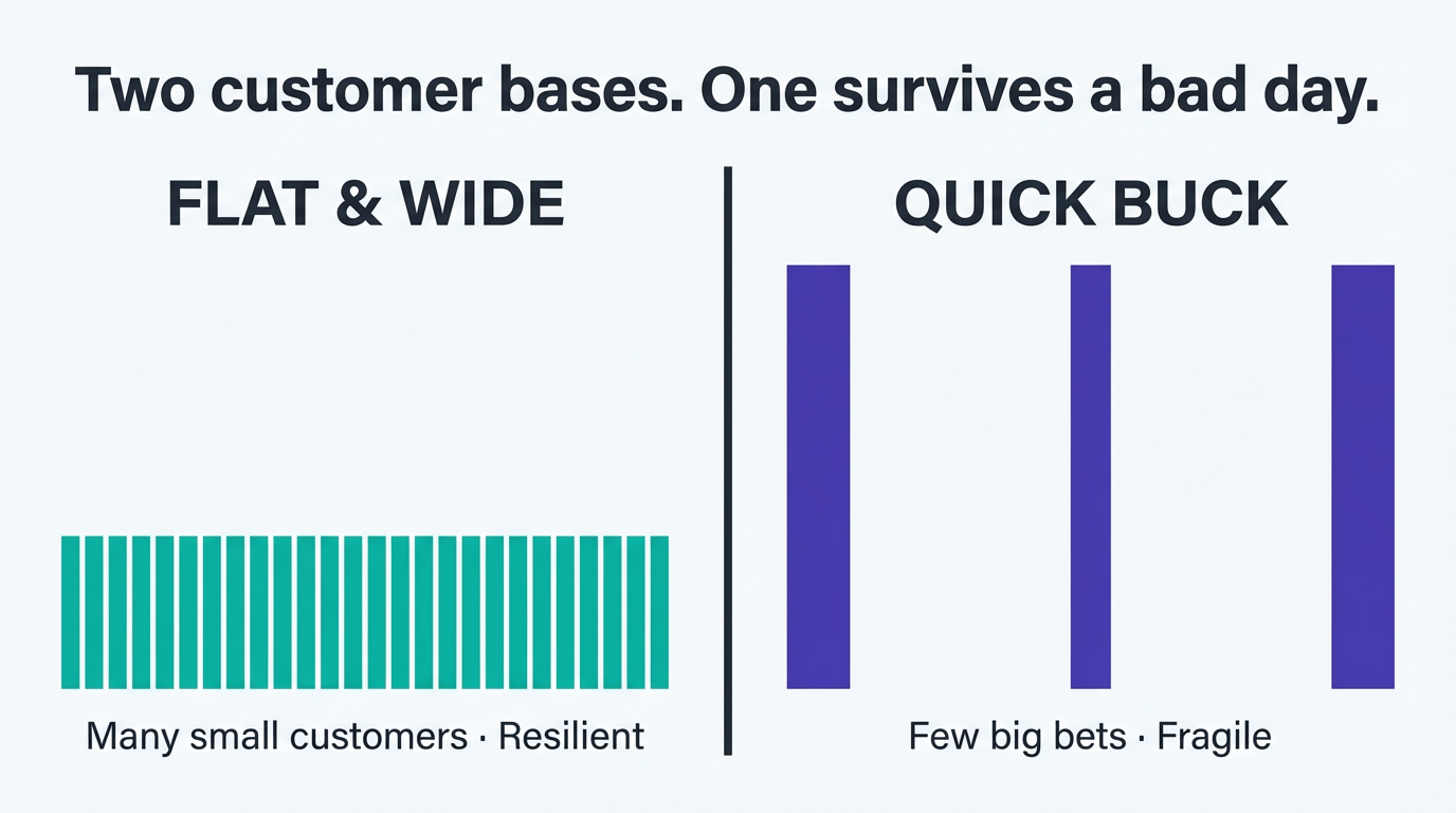 Infographic contrasting two customer bases: many small teal bars labelled flat and wide versus three tall purple bars labelled quick buck